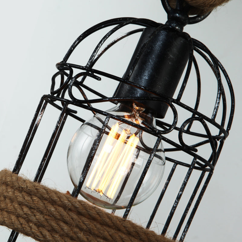 Flaxen Retro Birdcage Island Ceiling Light With Hemp Rope - 3 Bulbs Suspension Lighting