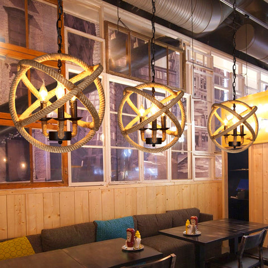 Industrial Hemp Rope Caged Ceiling Pendant Light With Flaxen Finish - Ideal For Restaurants