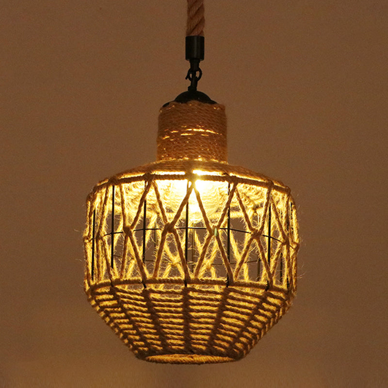 Industrial Hemp Rope Caged Ceiling Pendant Light With Flaxen Finish - Ideal For Restaurants / H