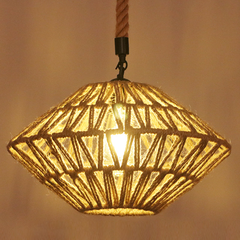 Industrial Hemp Rope Caged Ceiling Pendant Light With Flaxen Finish - Ideal For Restaurants / F