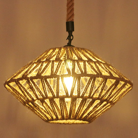 Industrial Hemp Rope Caged Ceiling Pendant Light With Flaxen Finish - Ideal For Restaurants / F