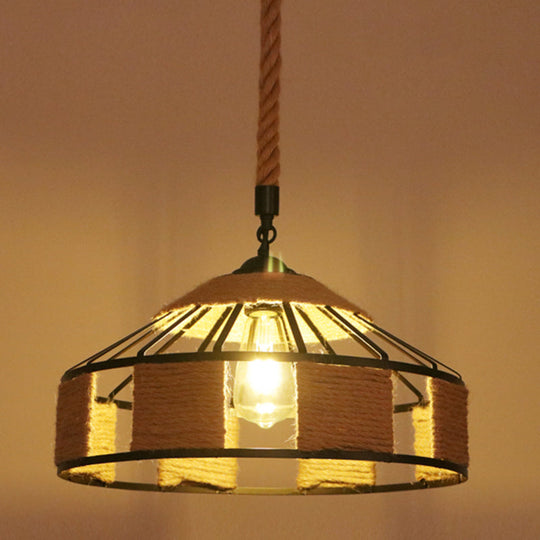 Industrial Hemp Rope Caged Ceiling Pendant Light With Flaxen Finish - Ideal For Restaurants / B