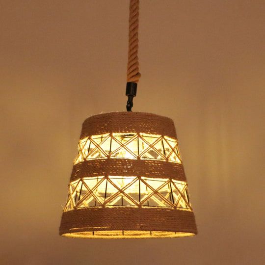 Industrial Hemp Rope Caged Ceiling Pendant Light With Flaxen Finish - Ideal For Restaurants / C