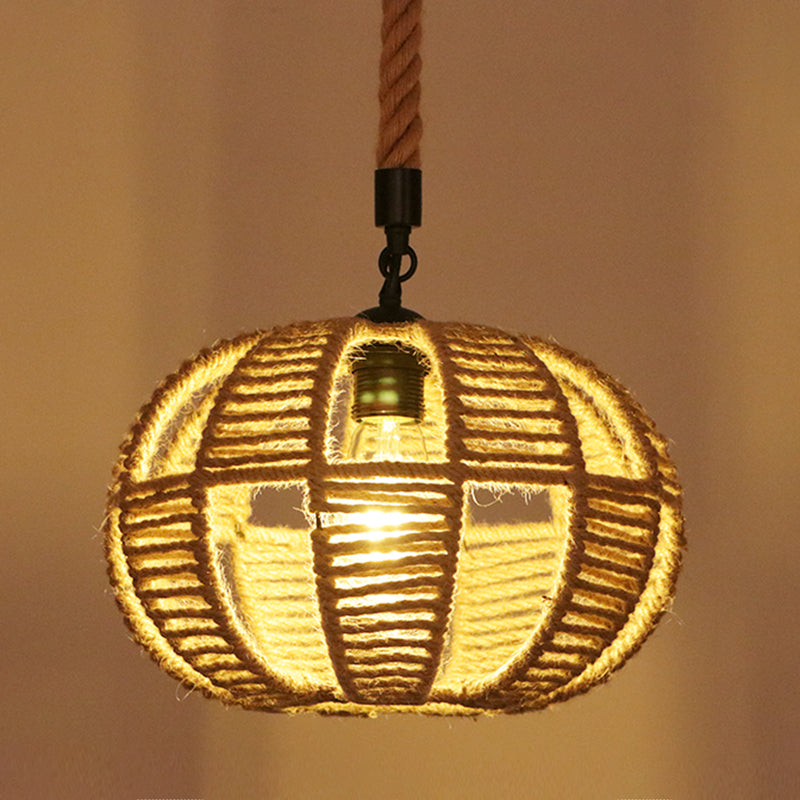 Industrial Hemp Rope Caged Ceiling Pendant Light With Flaxen Finish - Ideal For Restaurants / D