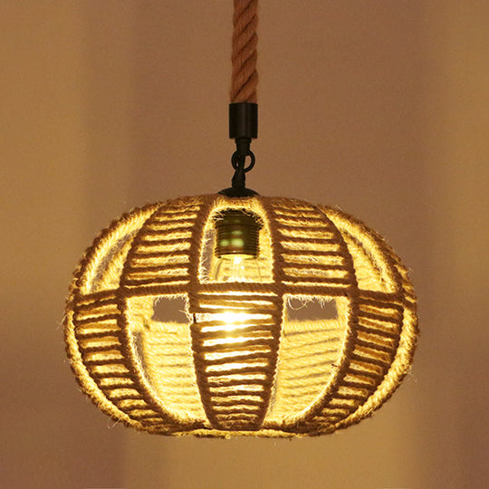 Industrial Hemp Rope Caged Ceiling Pendant Light With Flaxen Finish - Ideal For Restaurants / D