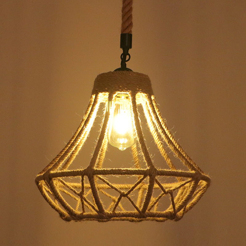 Industrial Hemp Rope Caged Ceiling Pendant Light With Flaxen Finish - Ideal For Restaurants / J