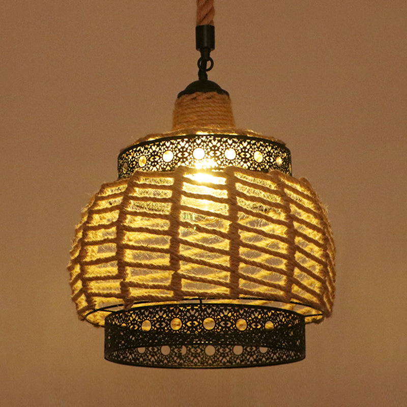 Industrial Hemp Rope Caged Ceiling Pendant Light With Flaxen Finish - Ideal For Restaurants / L