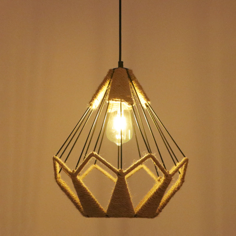 Industrial Hemp Rope Caged Ceiling Pendant Light With Flaxen Finish - Ideal For Restaurants / G