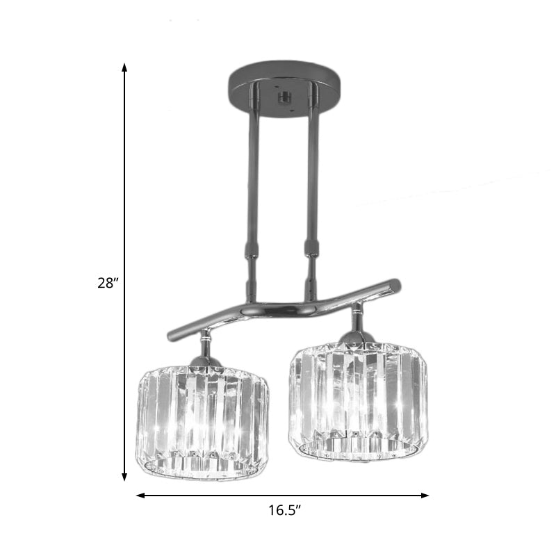 Modern Chrome Drum Crystal Pendant Light For Dining Room Island 2/3 Bulbs Hanging From Ceiling