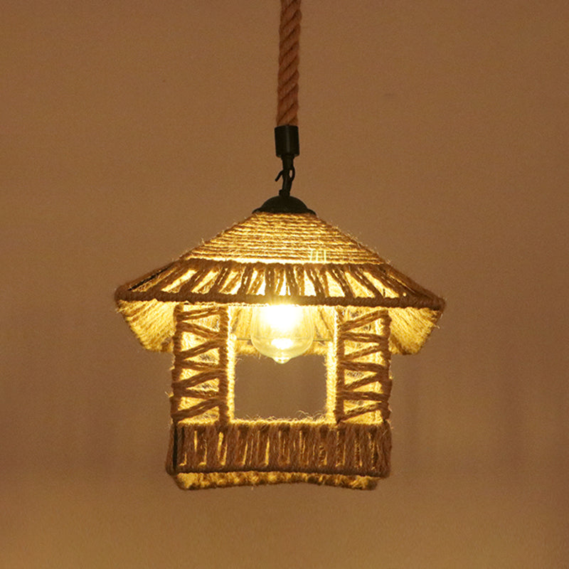 Industrial Hemp Rope Caged Ceiling Pendant Light With Flaxen Finish - Ideal For Restaurants / E