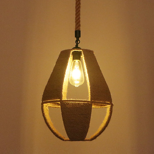 Industrial Hemp Rope Caged Ceiling Pendant Light With Flaxen Finish - Ideal For Restaurants / N