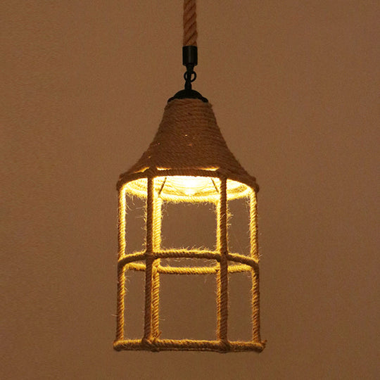 Industrial Hemp Rope Caged Ceiling Pendant Light With Flaxen Finish - Ideal For Restaurants / M