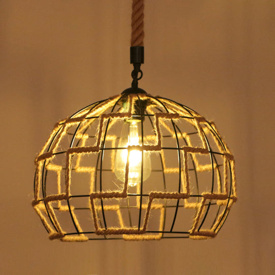 Industrial Hemp Rope Caged Ceiling Pendant Light With Flaxen Finish - Ideal For Restaurants / K