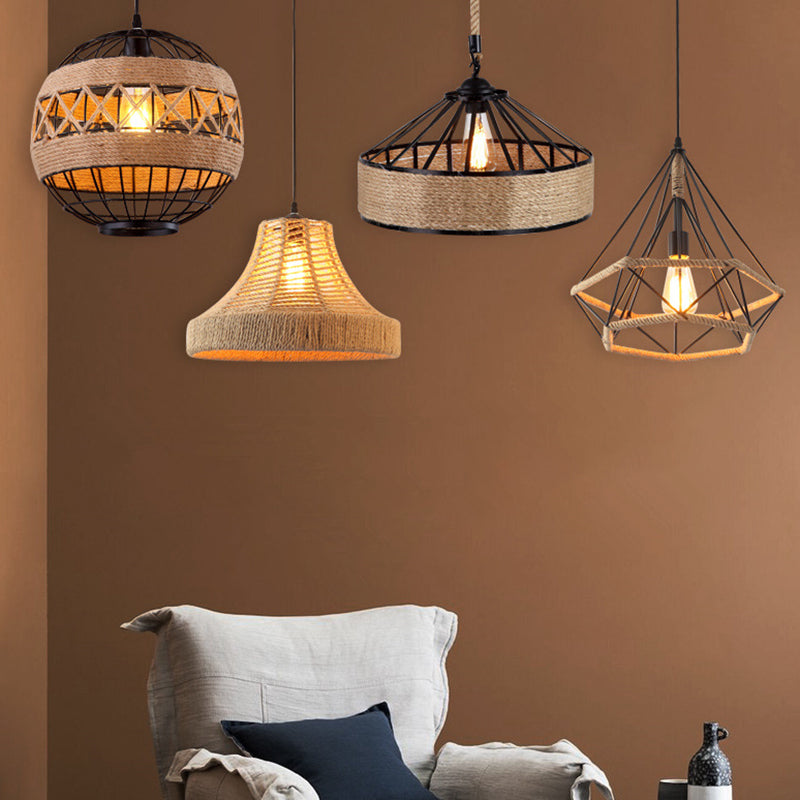 Hemp Rope Caged Pendant Light Industrial Style Single-Bulb Flaxen Color