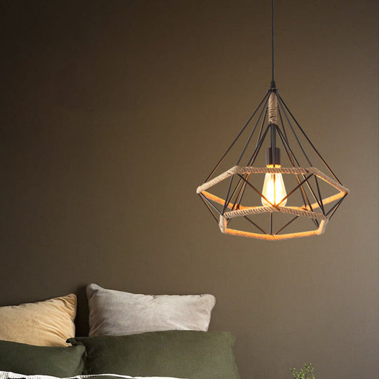 Hemp Rope Caged Pendant: Flaxen Single-Bulb Industrial Hanging Lamp