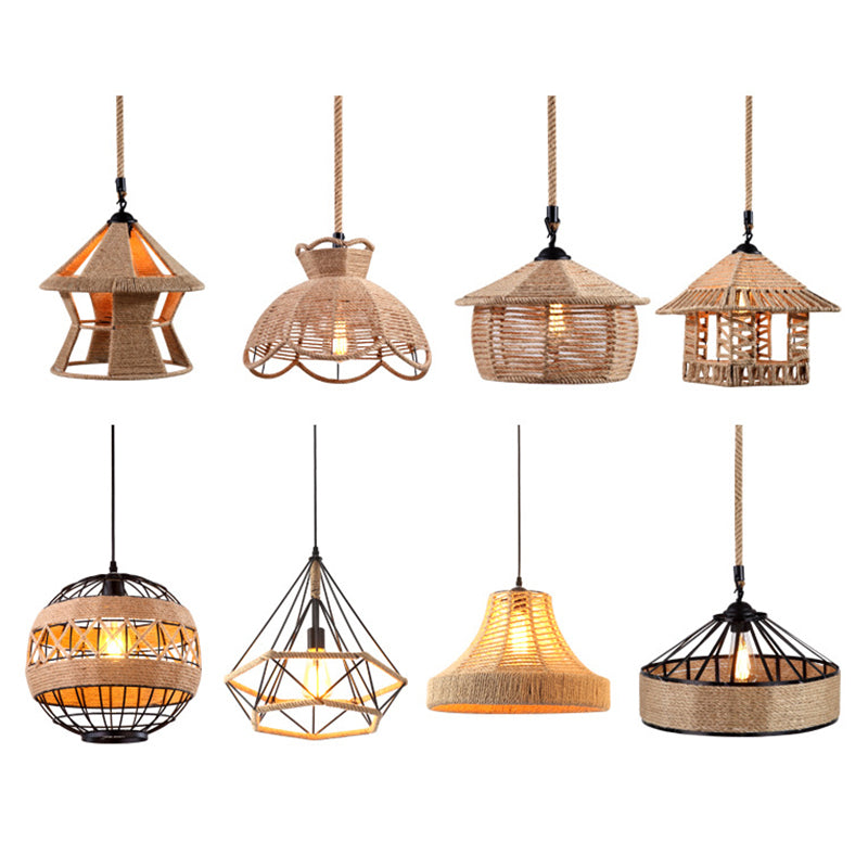 Hemp Rope Caged Pendant Light Industrial Style Single-Bulb Flaxen Color