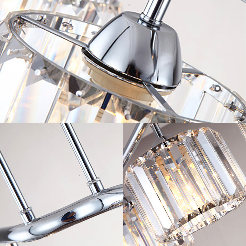 Modern Chrome Drum Crystal Pendant Light For Dining Room Island 2/3 Bulbs Hanging From Ceiling