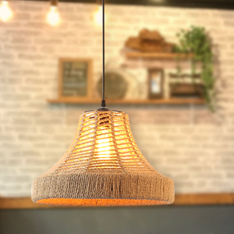 Hemp Rope Caged Pendant Light Industrial Style Single-Bulb Flaxen Color / C