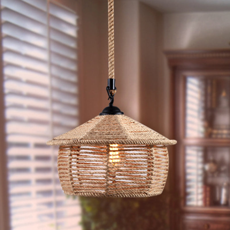 Hemp Rope Caged Pendant Light Industrial Style Single-Bulb Flaxen Color / H