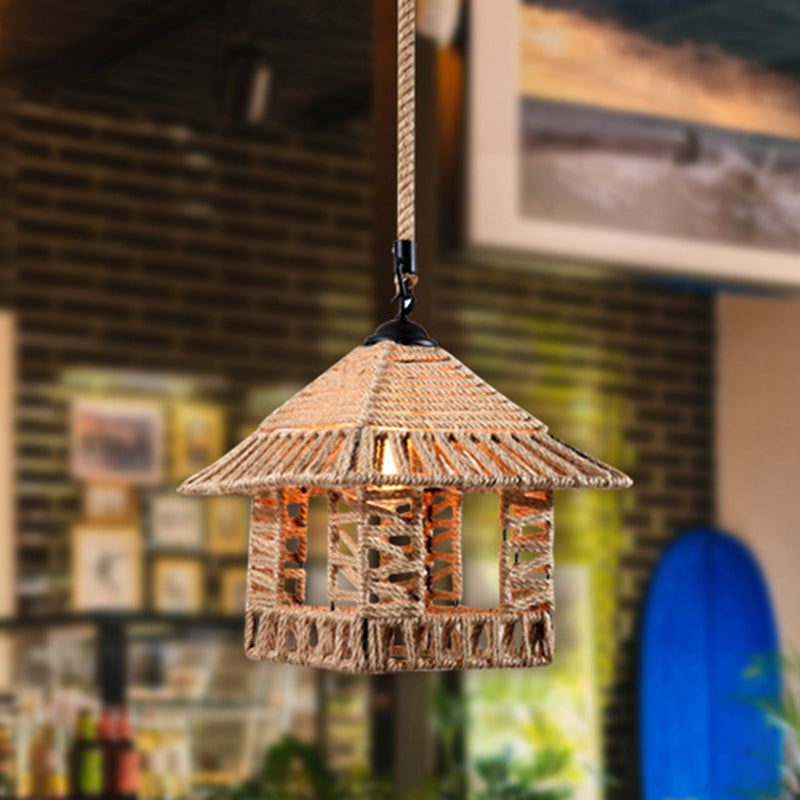 Hemp Rope Caged Pendant: Flaxen Single-Bulb Industrial Hanging Lamp