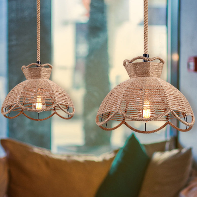 Hemp Rope Caged Pendant Light Industrial Style Single-Bulb Flaxen Color / E