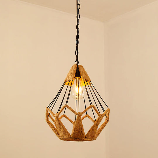 Antique Caged Pendant Light with Hemp Rope - Brown 1-Light Pendant for Restaurants