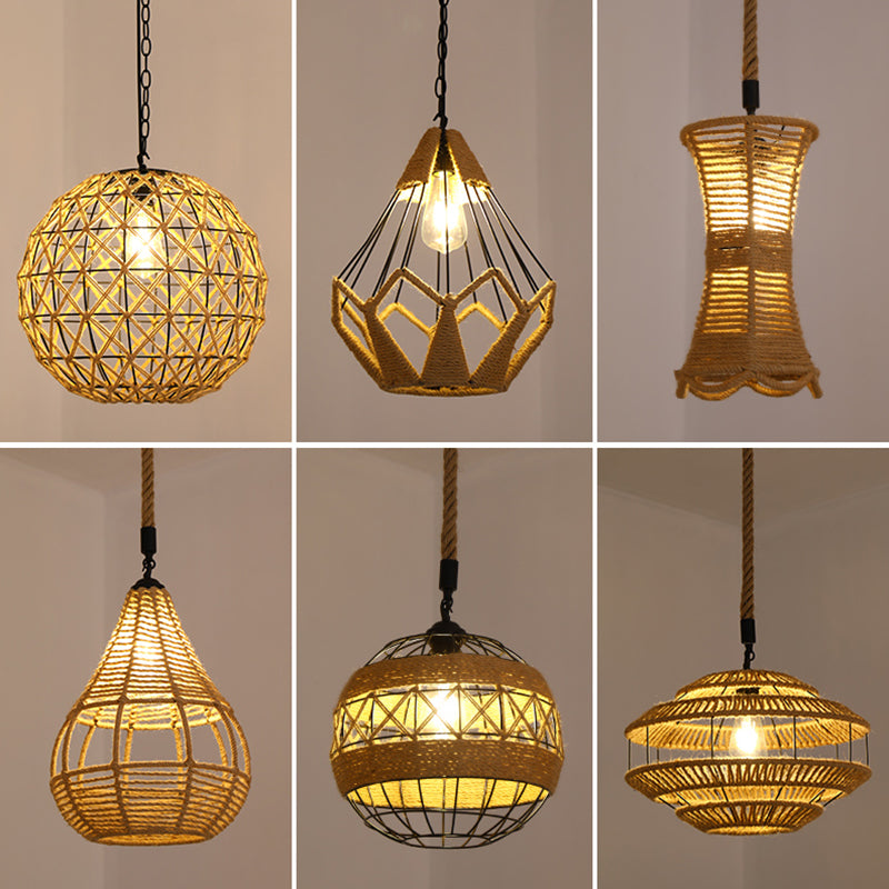 Antique Caged Pendant Light with Hemp Rope - Brown 1-Light Pendant for Restaurants