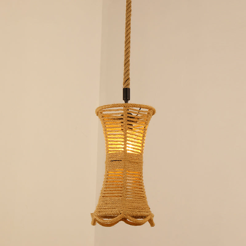 Vintage Hemp Rope Pendant Light In Brown For Restaurants - 1-Light Antique Caged Design / C