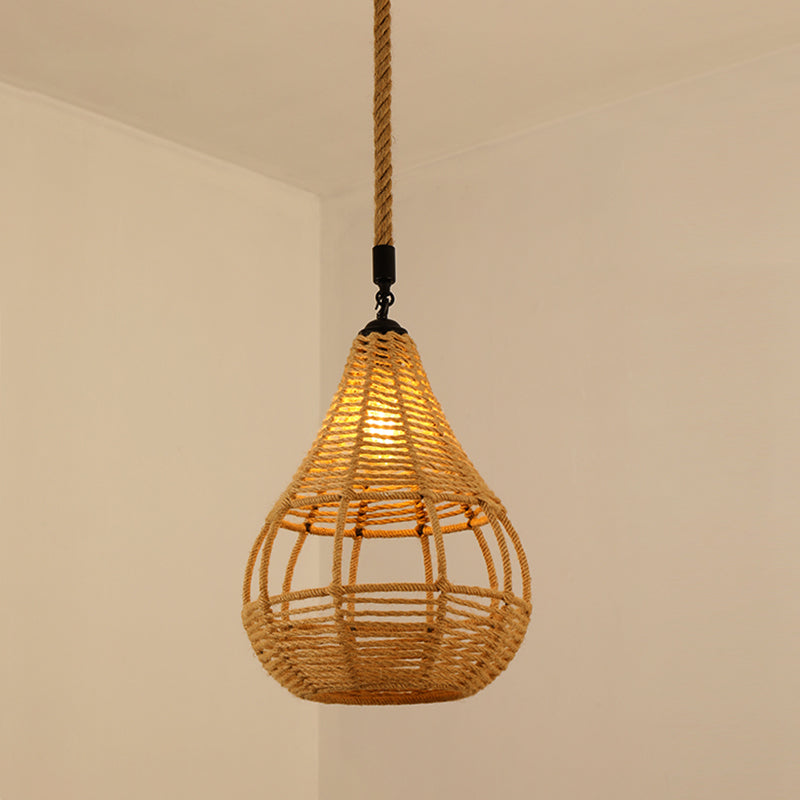 Antique Caged Pendant Light with Hemp Rope - Brown 1-Light Pendant for Restaurants