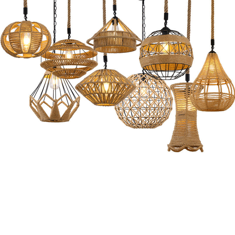 Vintage Hemp Rope Pendant Light In Brown For Restaurants - 1-Light Antique Caged Design