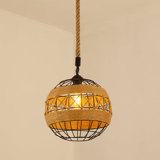 Vintage Hemp Rope Pendant Light In Brown For Restaurants - 1-Light Antique Caged Design / E