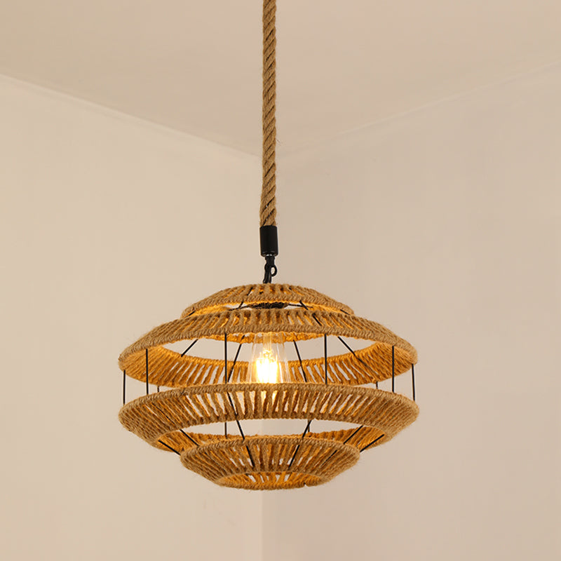 Vintage Hemp Rope Pendant Light In Brown For Restaurants - 1-Light Antique Caged Design / F