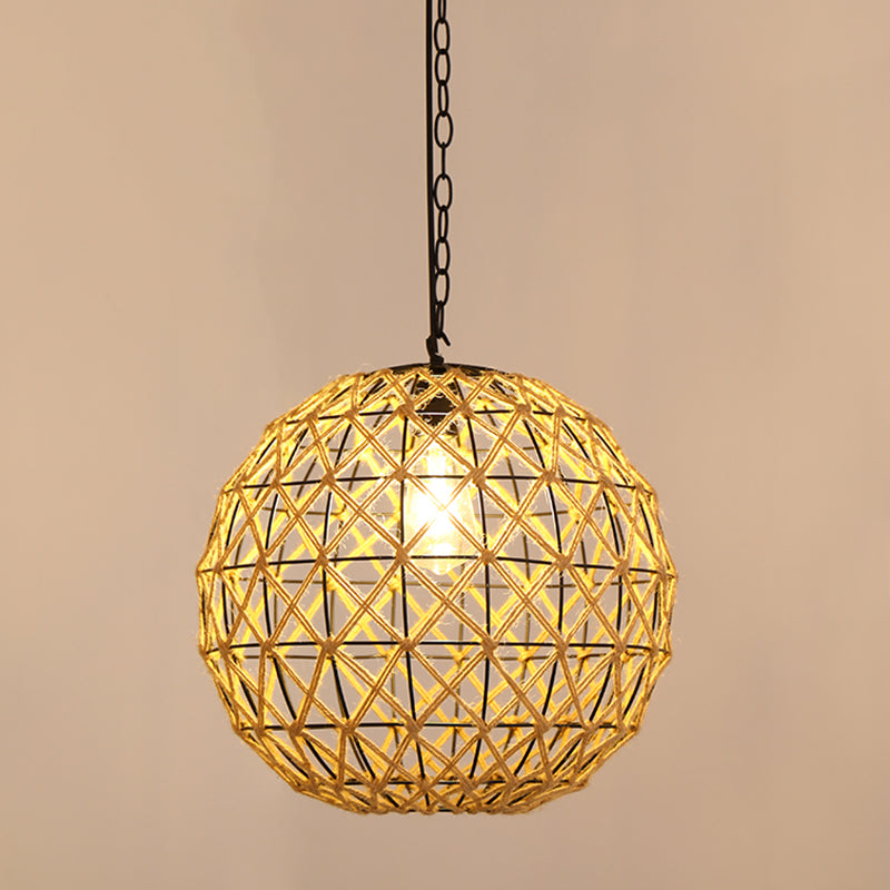 Vintage Hemp Rope Pendant Light In Brown For Restaurants - 1-Light Antique Caged Design / A