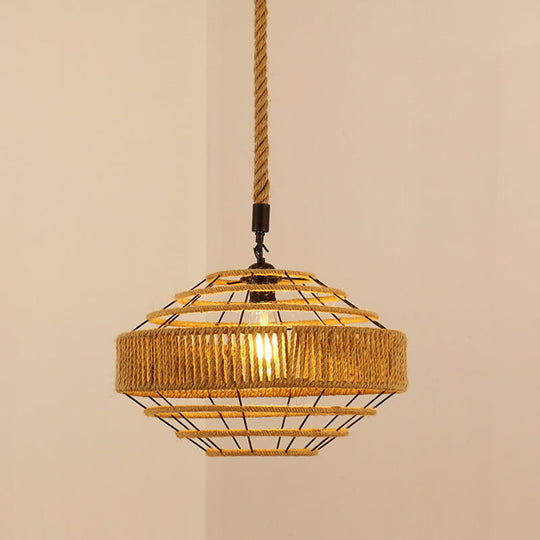 Vintage Hemp Rope Pendant Light In Brown For Restaurants - 1-Light Antique Caged Design / G