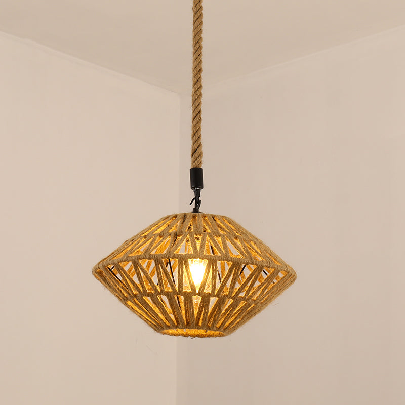 Antique Caged Pendant Light with Hemp Rope - Brown 1-Light Pendant for Restaurants