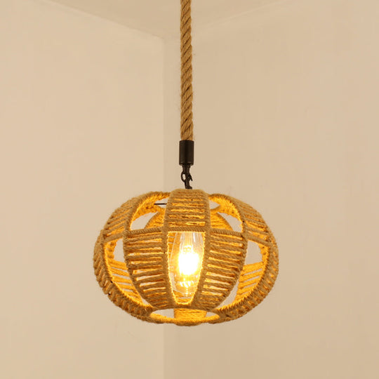 Antique Caged Pendant Light with Hemp Rope - Brown 1-Light Pendant for Restaurants