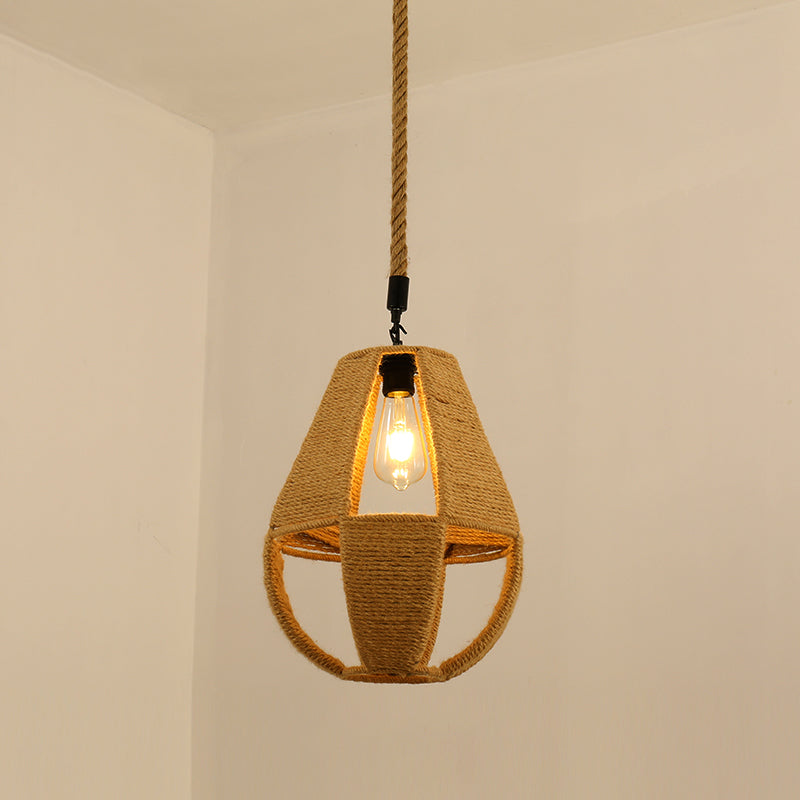 Antique Caged Pendant Light with Hemp Rope - Brown 1-Light Pendant for Restaurants