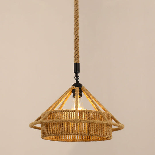 Vintage Hemp Rope Pendant Light In Brown For Restaurants - 1-Light Antique Caged Design / K