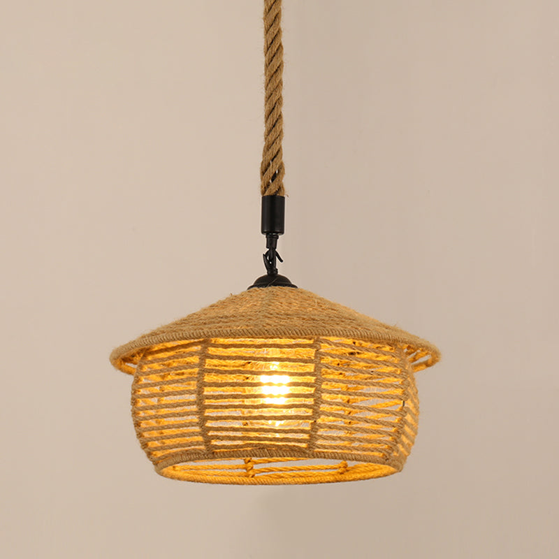 Vintage Hemp Rope Pendant Light In Brown For Restaurants - 1-Light Antique Caged Design / L