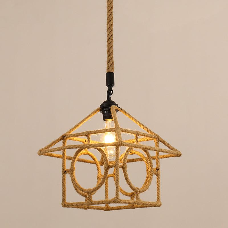 Antique Caged Pendant Light with Hemp Rope - Brown 1-Light Pendant for Restaurants