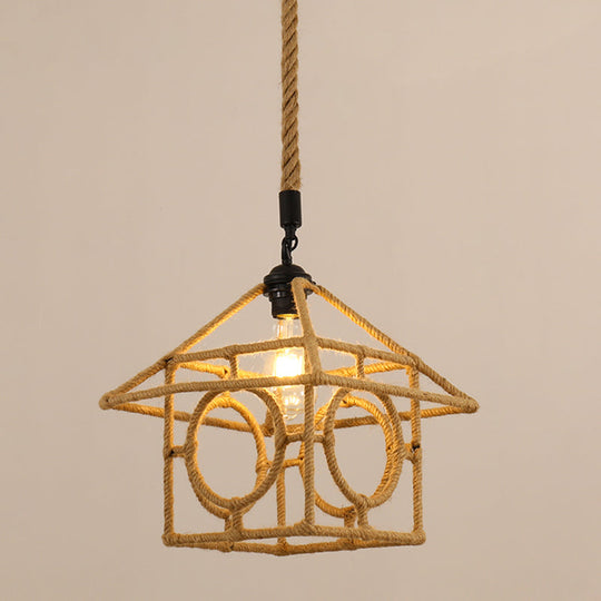 Vintage Hemp Rope Pendant Light In Brown For Restaurants - 1-Light Antique Caged Design / N