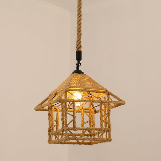 Antique Caged Pendant Light with Hemp Rope - Brown 1-Light Pendant for Restaurants