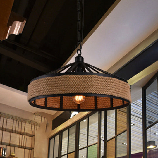 Rustic Geometric Hemp Rope Pendant Light with Single Bulb - Ideal for Restaurants - Black Fixture