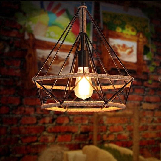 Rustic Geometric Hemp Rope Pendant Light with Single Bulb - Ideal for Restaurants - Black Fixture