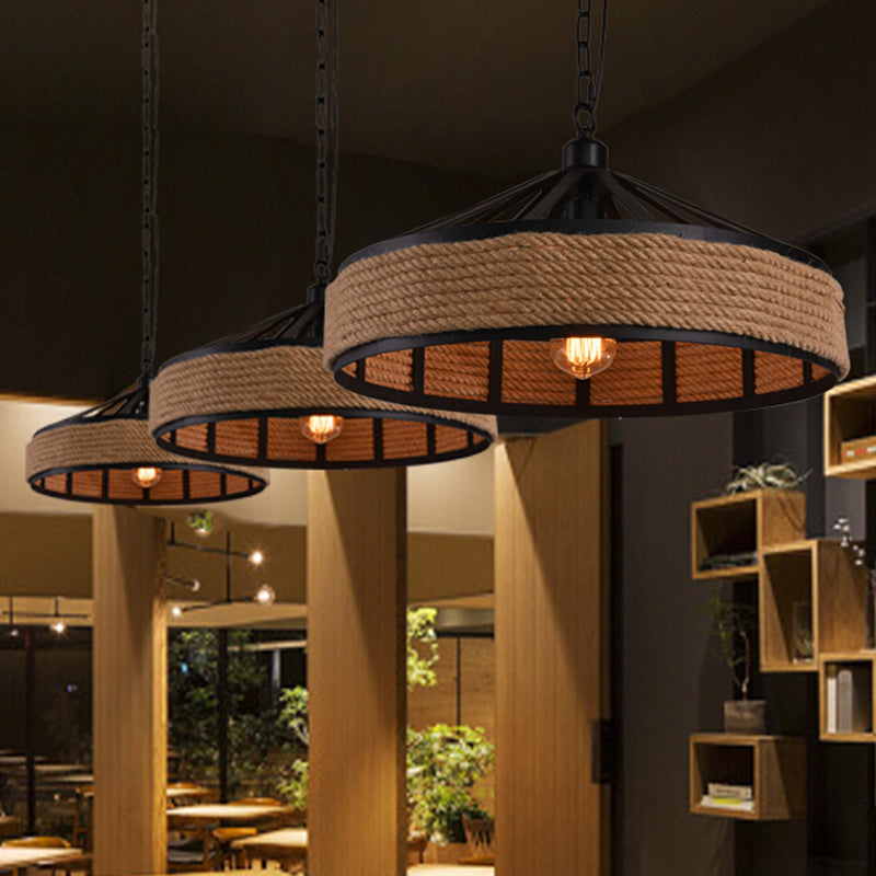 Rustic Geometric Hemp Rope Pendant Light with Single Bulb - Ideal for Restaurants - Black Fixture