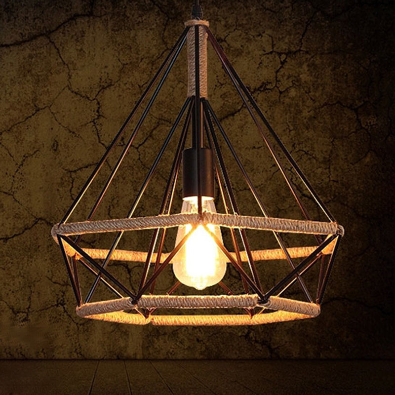 Rustic Geometric Hemp Rope Pendant Light with Single Bulb - Ideal for Restaurants - Black Fixture