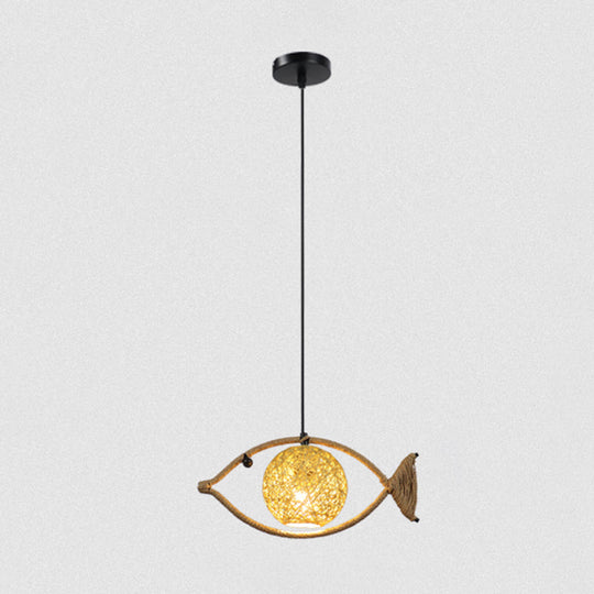 Retro Restaurant Pendant Ceiling Light - Hemp Rope Fish Suspension Lighting With Globe Rattan Shade