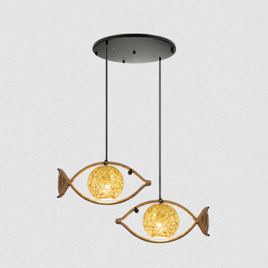 Retro Restaurant Pendant Ceiling Light - Hemp Rope Fish Suspension Lighting With Globe Rattan Shade