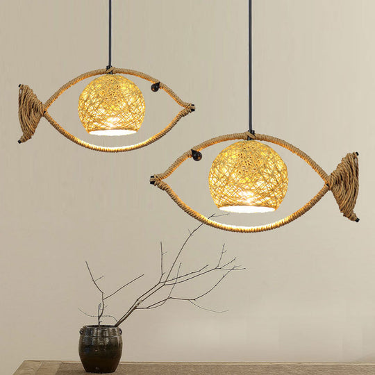 Hemp Rope Fish Suspension Pendant Ceiling Light with Globe Rattan Shade - Retro Restaurant Lighting in Brown