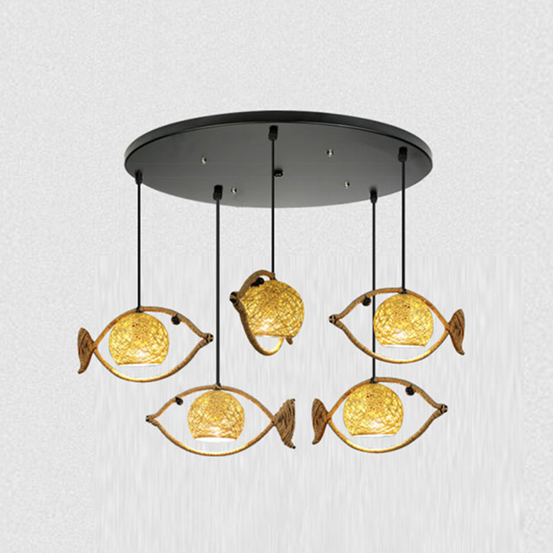 Hemp Rope Fish Suspension Pendant Ceiling Light with Globe Rattan Shade - Retro Restaurant Lighting in Brown